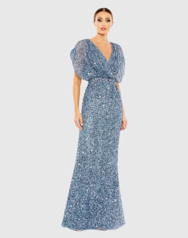Blue Draped Sleeve V Neck Gown sold by Mac Duggal