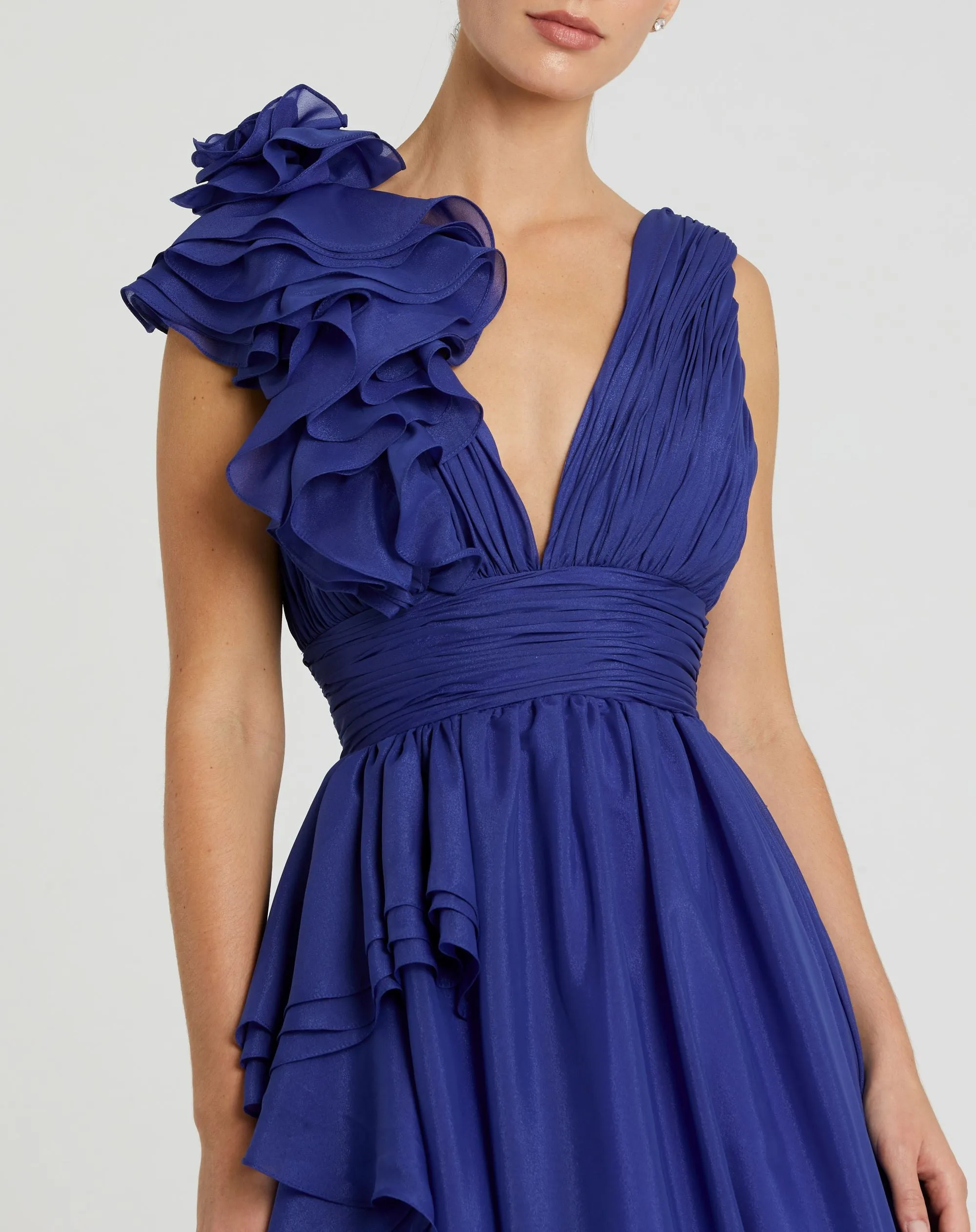 Dark Blue Ruffle Shoulder V-Neck Chiffon Gown sold by Mac Duggal product image thumbnail 2