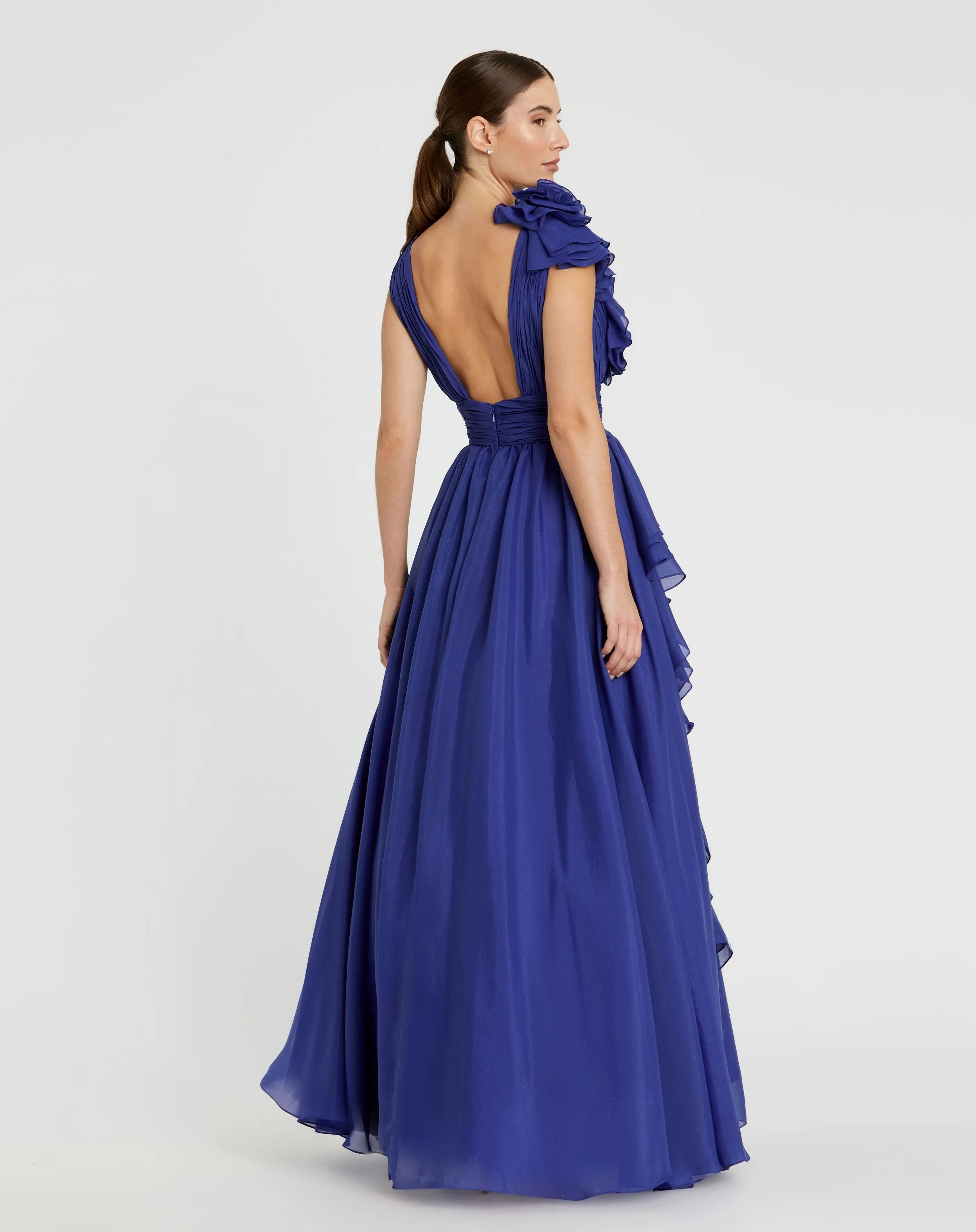 Dark Blue Ruffle Shoulder V-Neck Chiffon Gown sold by Mac Duggal product image thumbnail 3