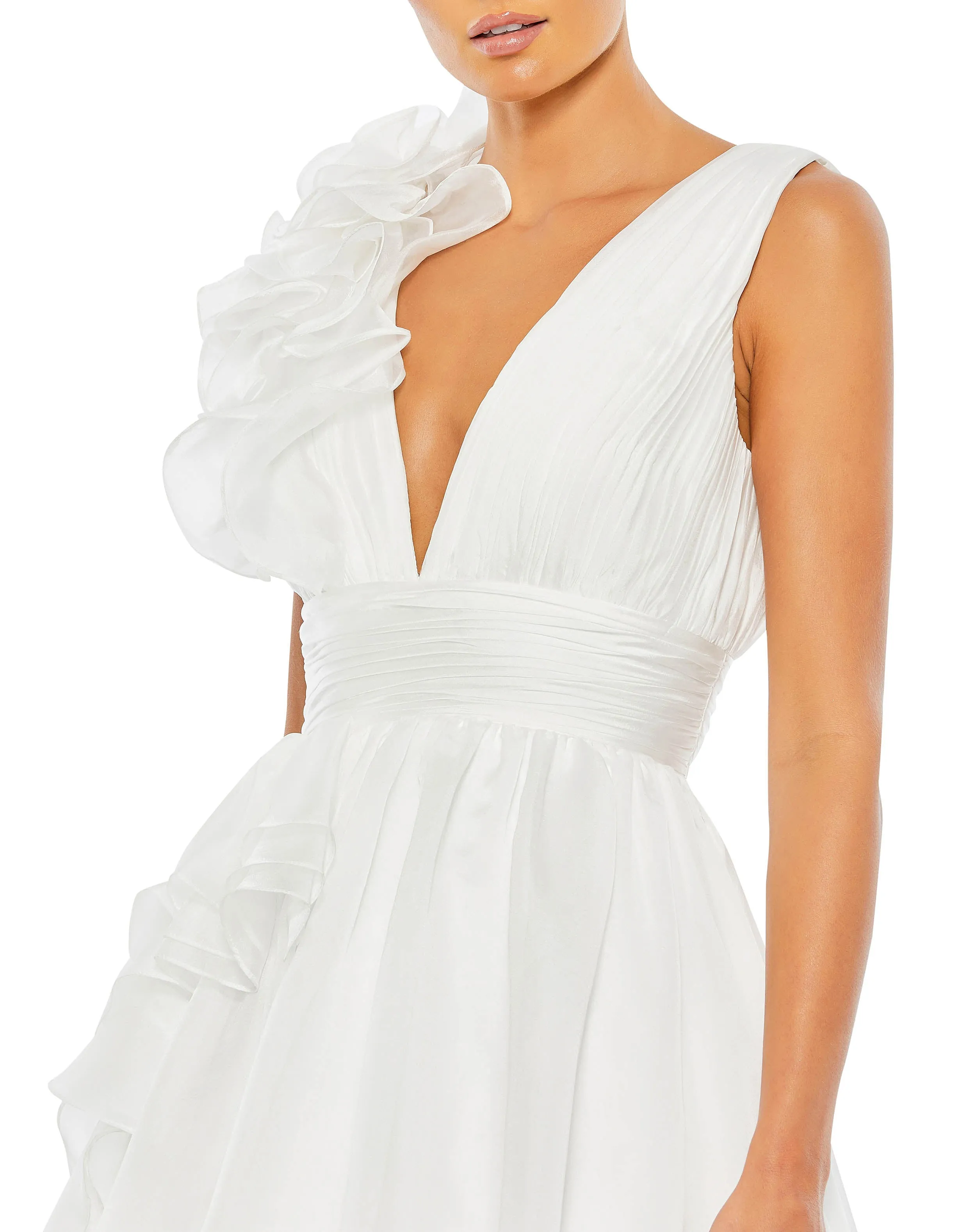 White Ruffle Shoulder V-Neck Chiffon Gown sold by Mac Duggal product image thumbnail 2