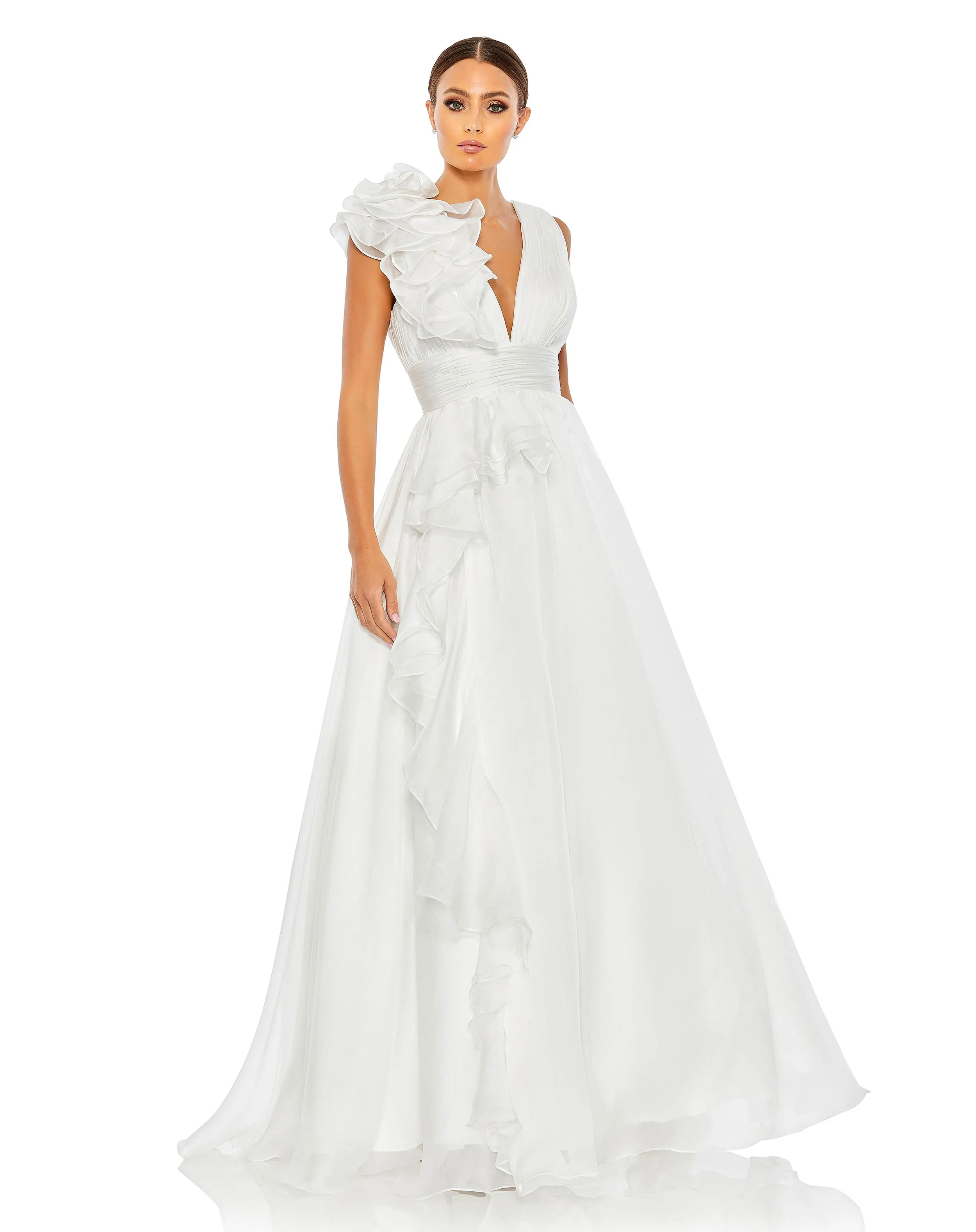 White Ruffle Shoulder V-Neck Chiffon Gown sold by Mac Duggal