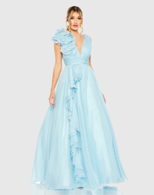 Light Blue Ruffle Shoulder V-Neck Chiffon Gown sold by Mac Duggal