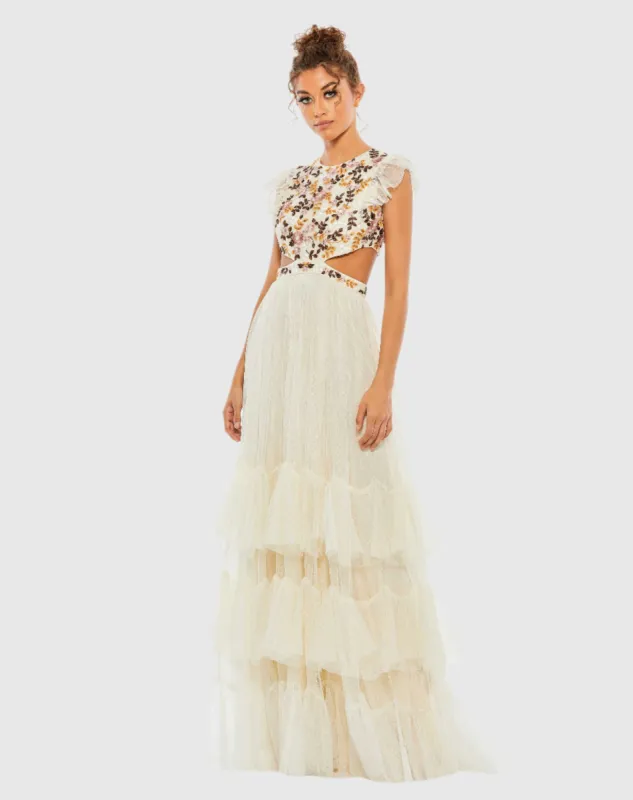 Beige Embroidered Bodice Cap Sleeve Ruffle Tiered Gown sold by Mac Duggal