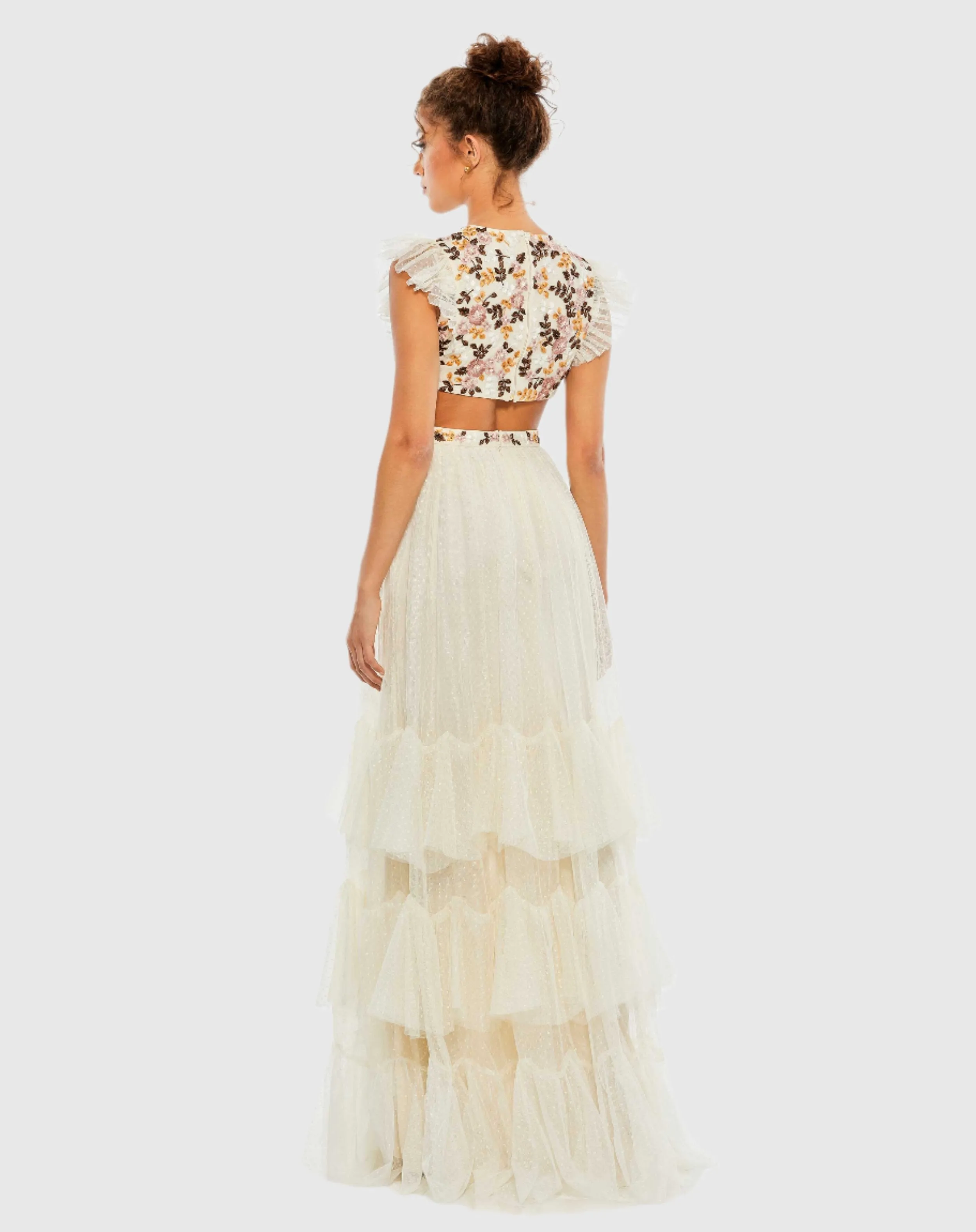 Beige Embroidered Bodice Cap Sleeve Ruffle Tiered Gown sold by Mac Duggal product image thumbnail 3