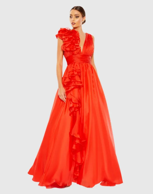 Red Ruffle Shoulder V-Neck Chiffon Gown sold by Mac Duggal