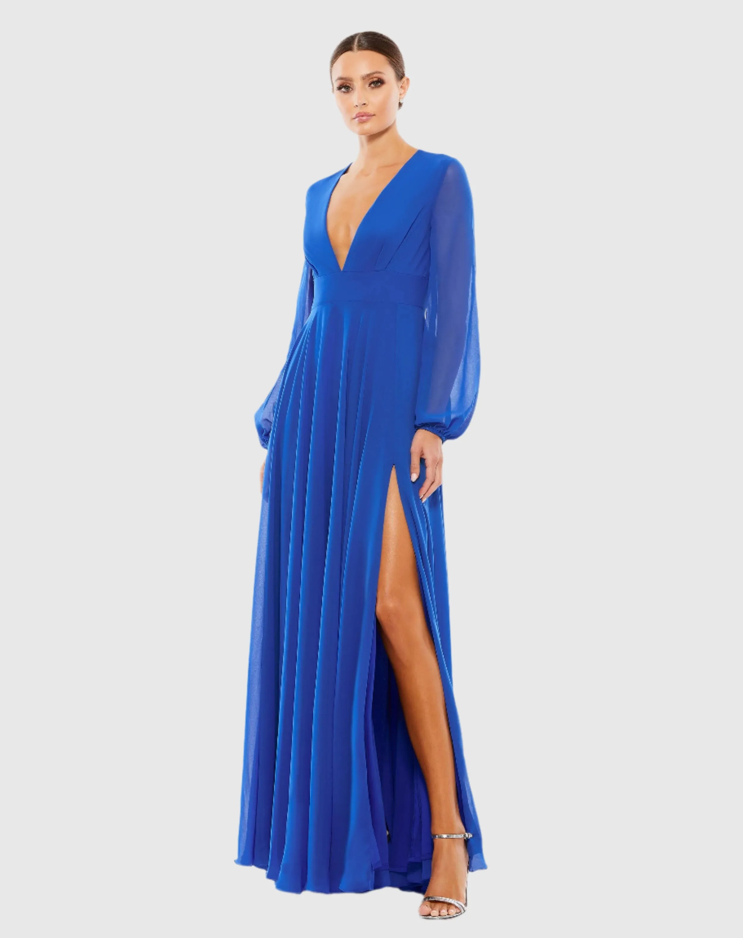 Blue V-Neck Illusion Long Sleeve Chiffon Gown sold by Mac Duggal product image thumbnail 2