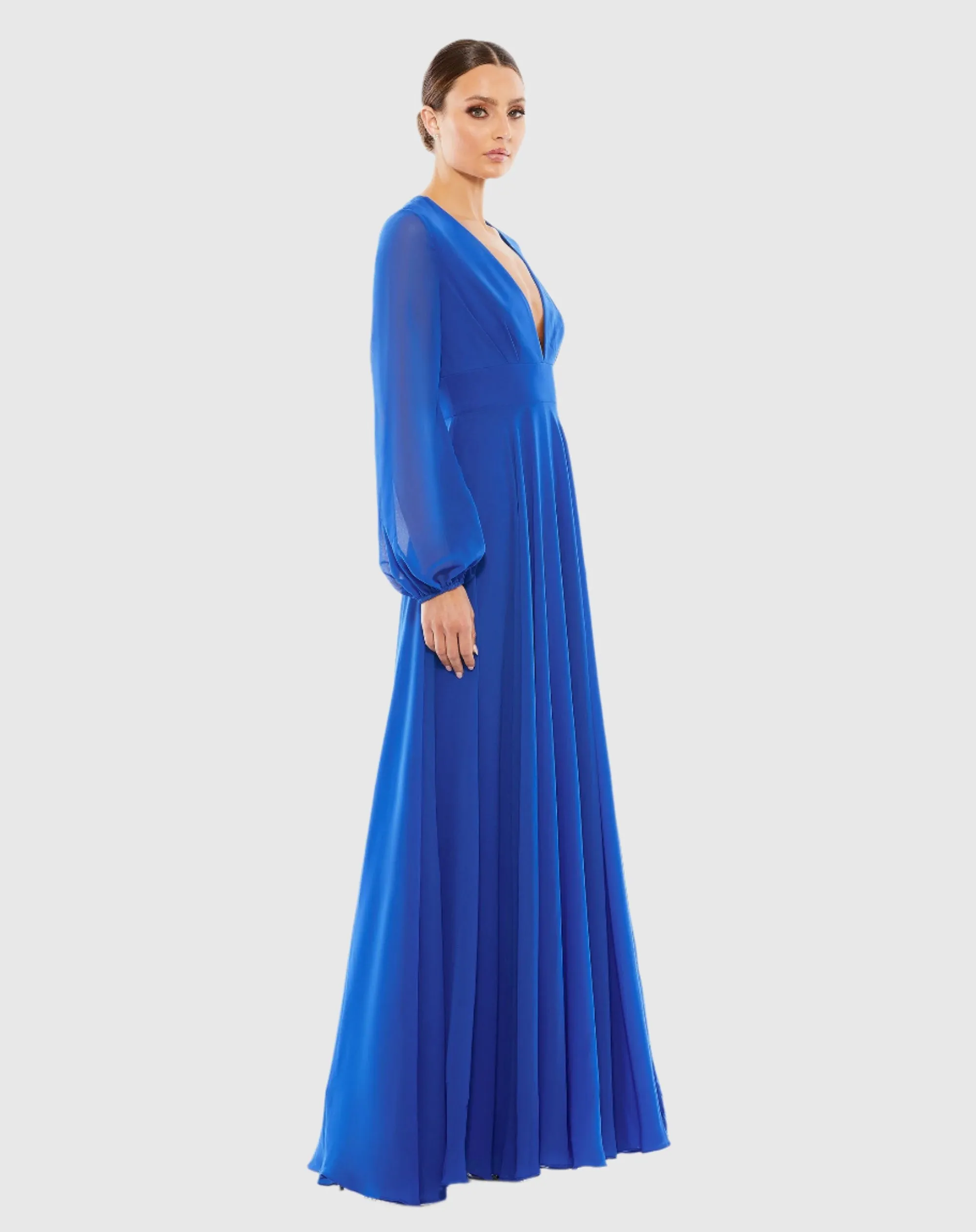 Blue V-Neck Illusion Long Sleeve Chiffon Gown sold by Mac Duggal