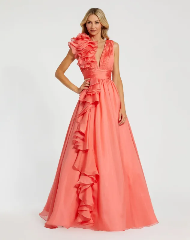 Coral Ruffle Shoulder V-Neck Chiffon Gown sold by Mac Duggal