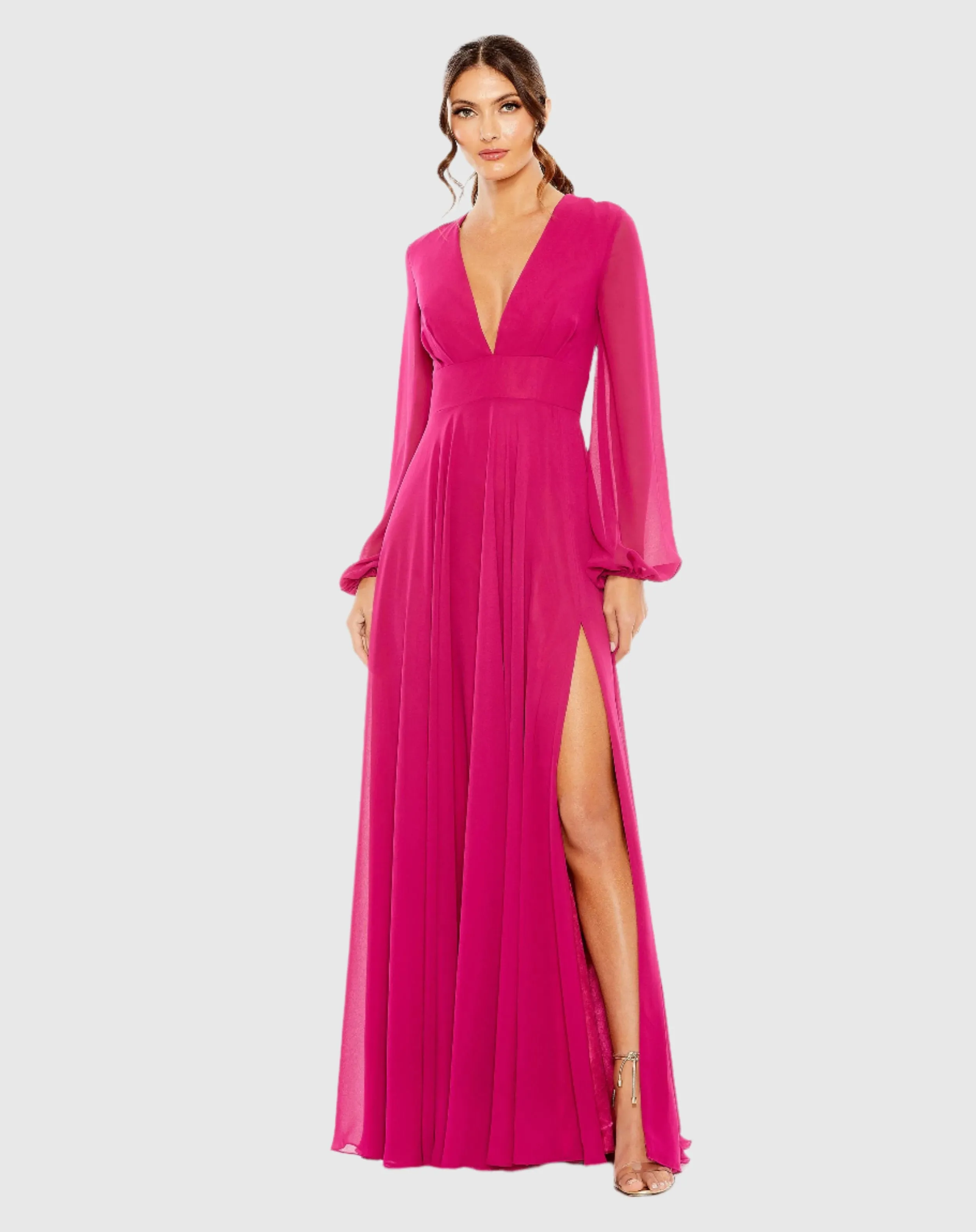 Purple V-Neck Illusion Long Sleeve Chiffon Gown sold by Mac Duggal
