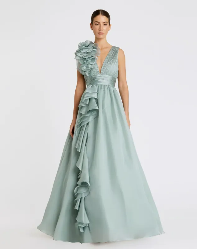 Green Ruffle Shoulder V-Neck Chiffon Gown sold by Mac Duggal
