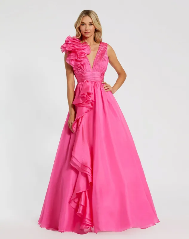 Pink Ruffle Shoulder V-Neck Chiffon Gown sold by Mac Duggal