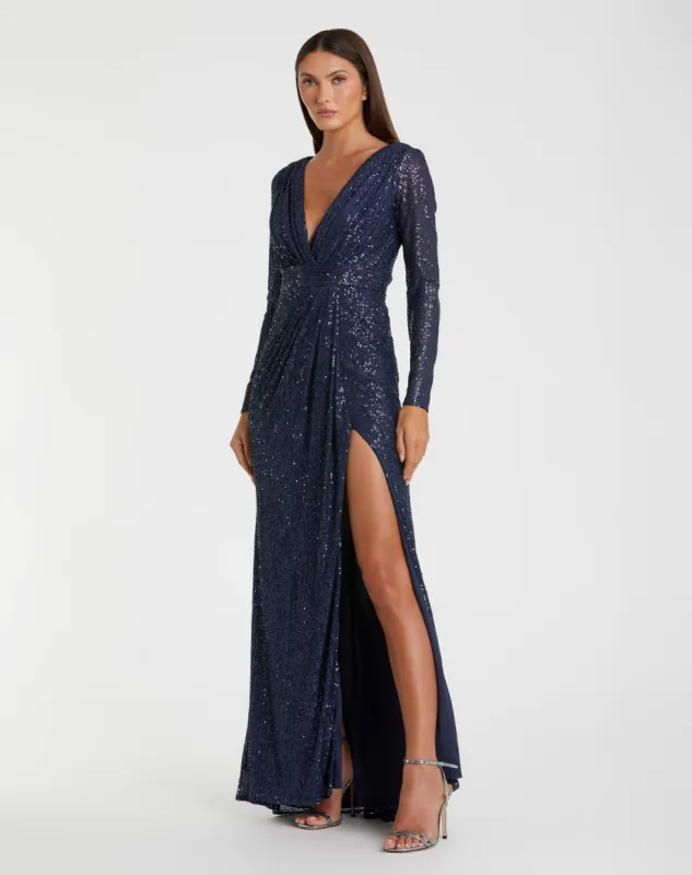 Navy Sequined Long Sleeve Gown sold by Mac Duggal