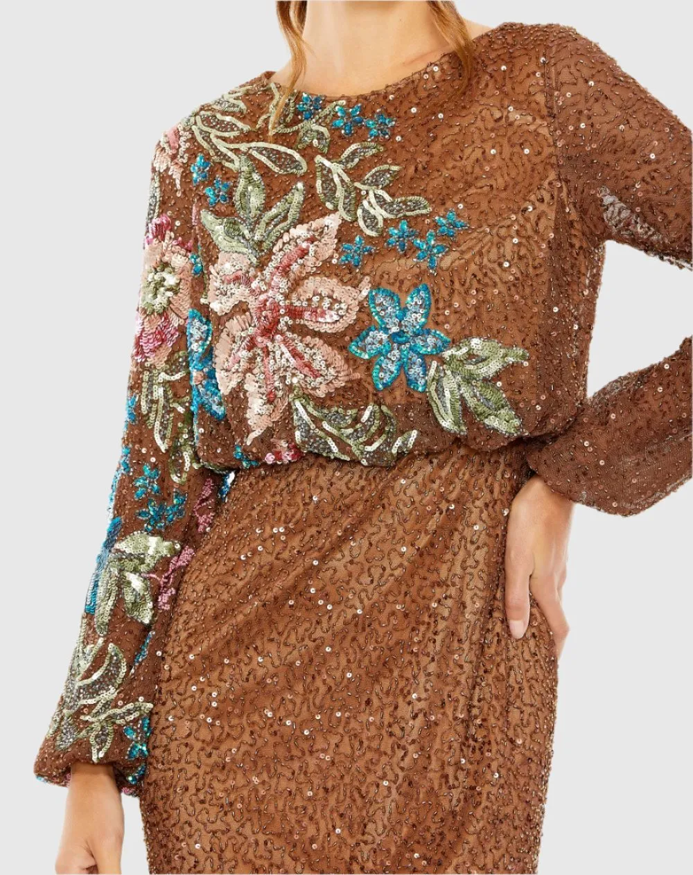Brown High Neck Long Sleeve Sequin Gown sold by Mac Duggal product image thumbnail 2