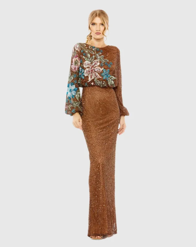 Brown High Neck Long Sleeve Sequin Gown sold by Mac Duggal