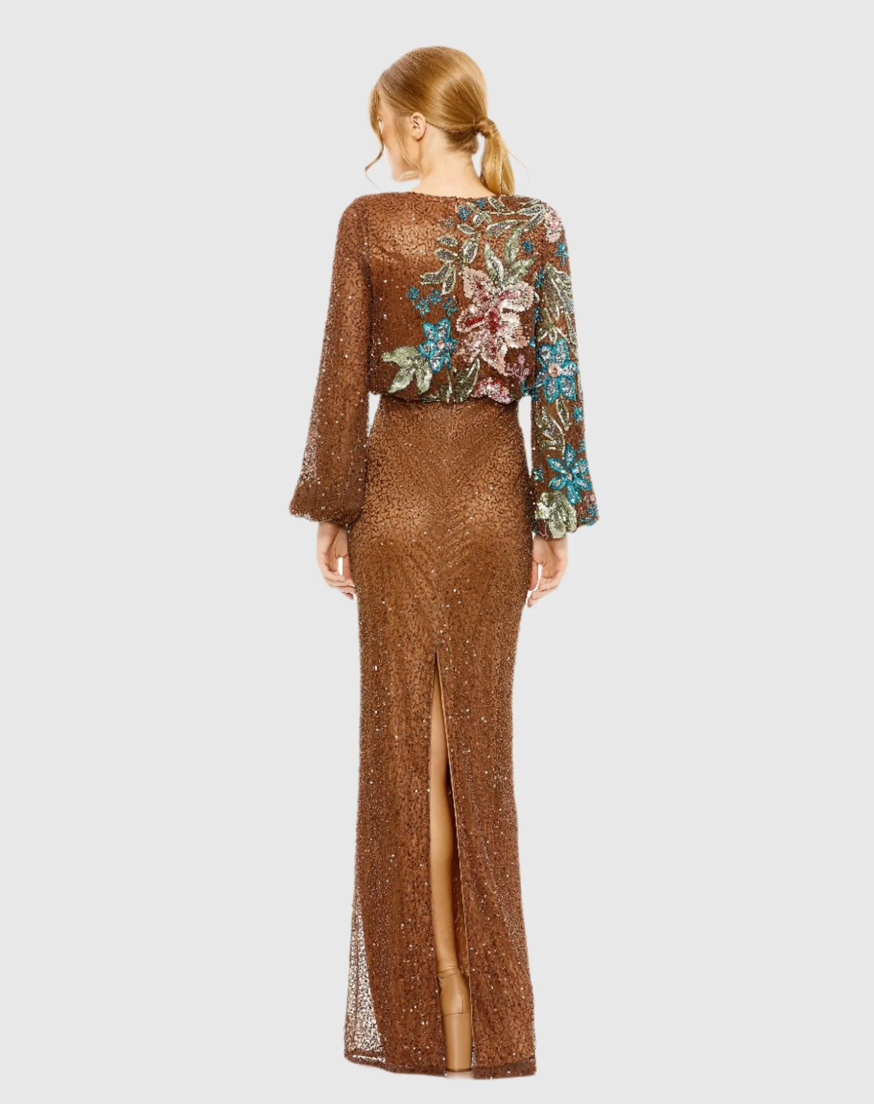 Brown High Neck Long Sleeve Sequin Gown sold by Mac Duggal product image thumbnail 3