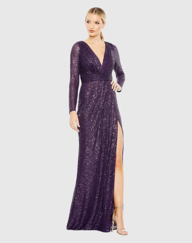 Purple Sequined Long Sleeve Gown sold by Mac Duggal