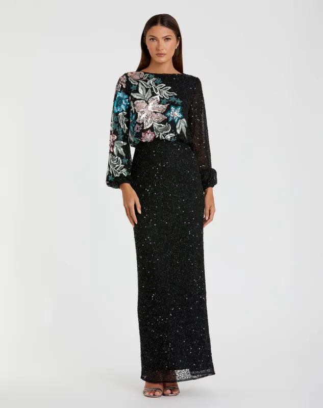 Black High Neck Long Sleeve Sequin Gown sold by Mac Duggal