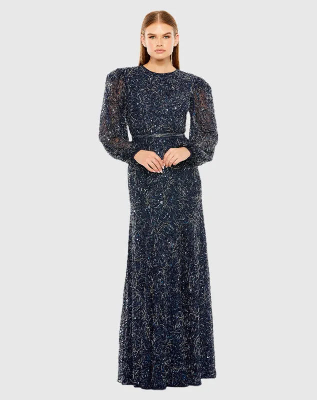 Blue Sheer Long Sleeve Beaded Gown sold by Mac Duggal