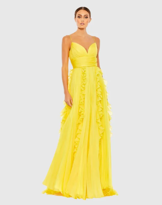 Yellow Pleated Sleeveless Flowy Gown sold by Mac Duggal