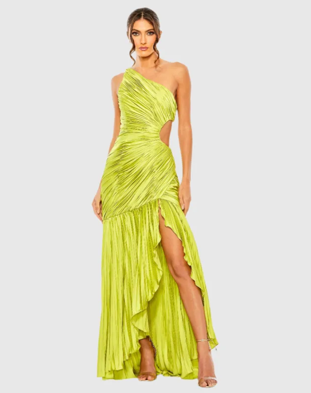 Green Side Cut-Out One-Shoulder Pleated Gown sold by Mac Duggal