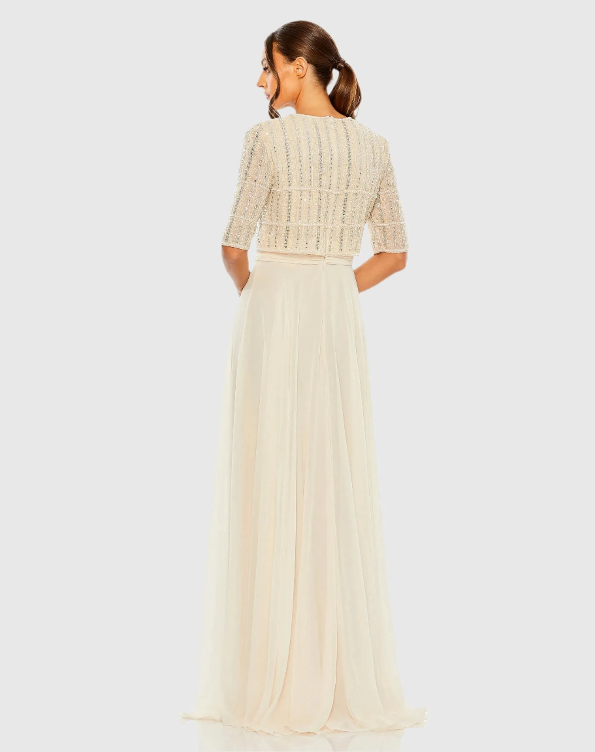Beige Chiffon Gown w/ Fully Beaded 3/4 Sleeve Top sold by Mac Duggal product image thumbnail 3