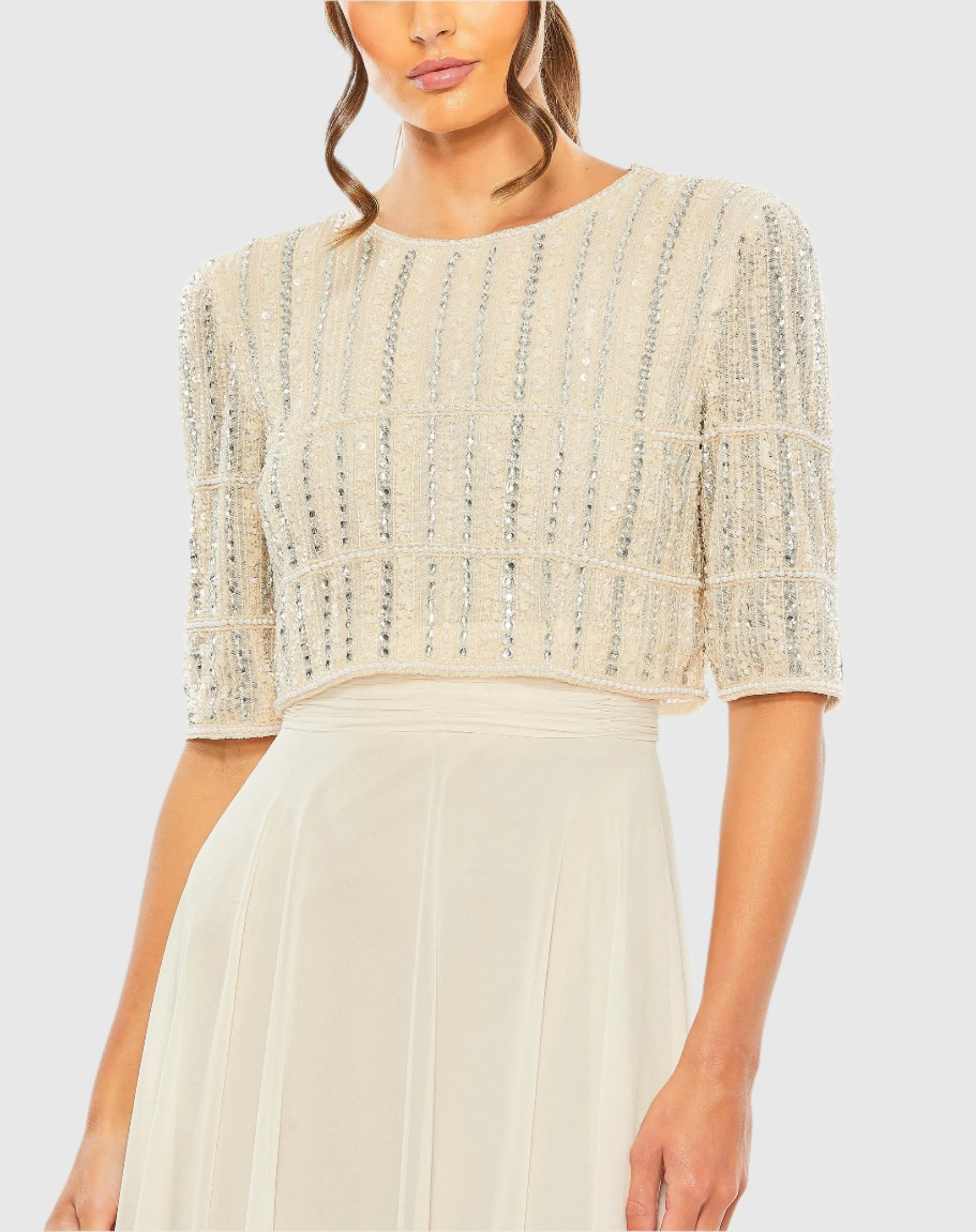 Beige Chiffon Gown w/ Fully Beaded 3/4 Sleeve Top sold by Mac Duggal product image thumbnail 2