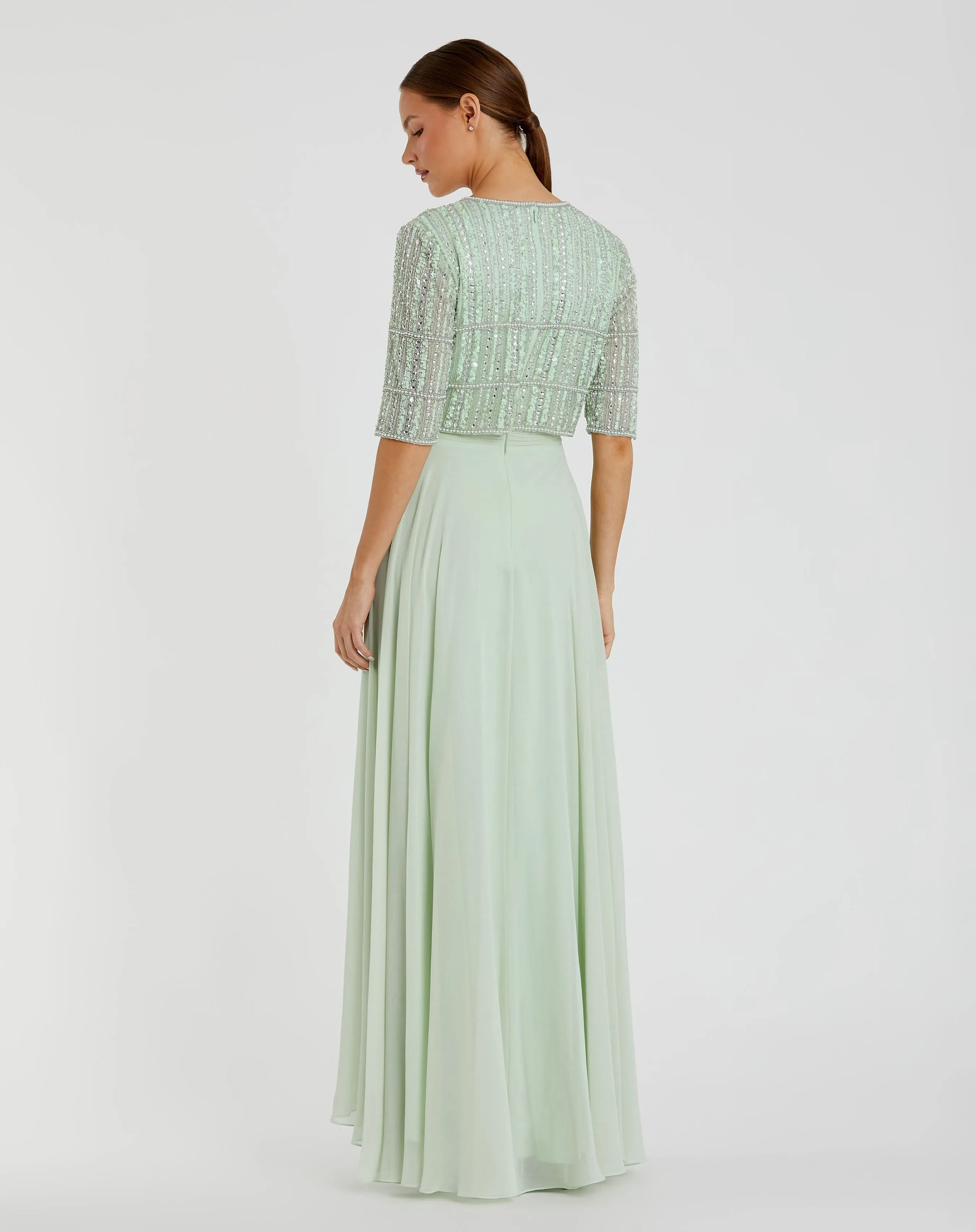 Green Chiffon Gown w/ Fully Beaded 3/4 Sleeve Top sold by Mac Duggal product image thumbnail 3