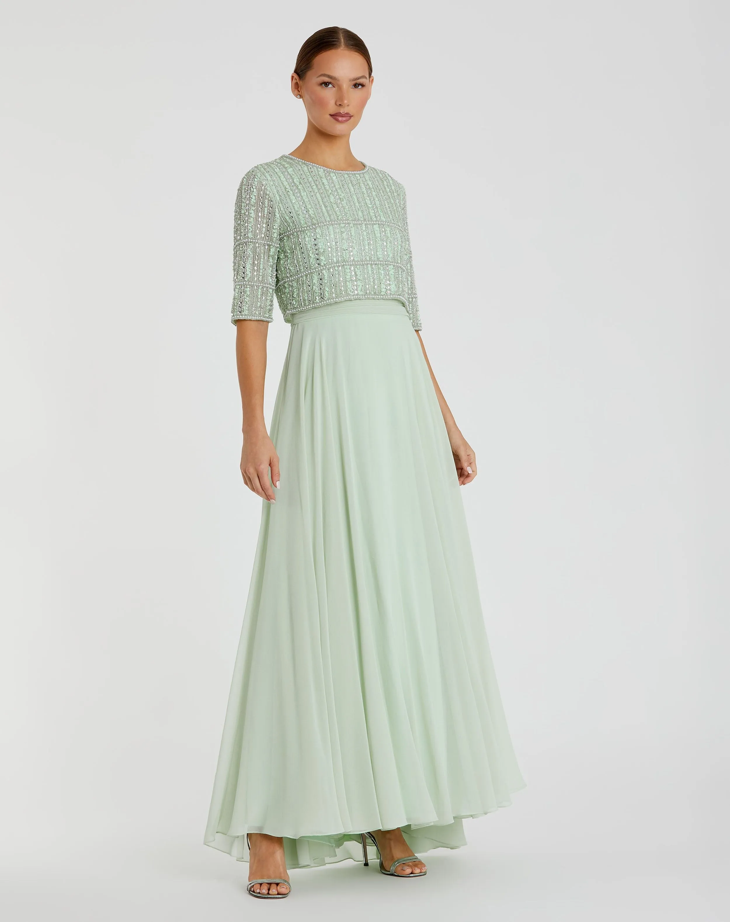 Green Chiffon Gown w/ Fully Beaded 3/4 Sleeve Top sold by Mac Duggal