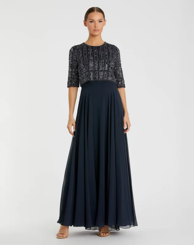 Navy Chiffon Gown w/ Fully Beaded 3/4 Sleeve Top sold by Mac Duggal