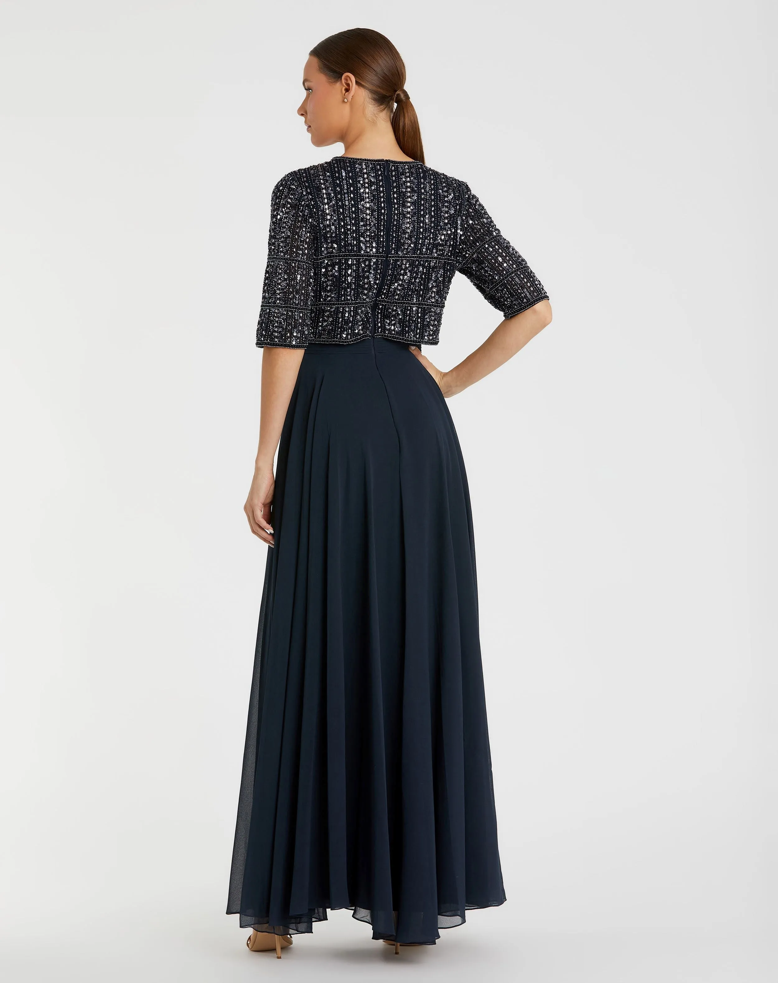 Navy Chiffon Gown w/ Fully Beaded 3/4 Sleeve Top sold by Mac Duggal product image thumbnail 3