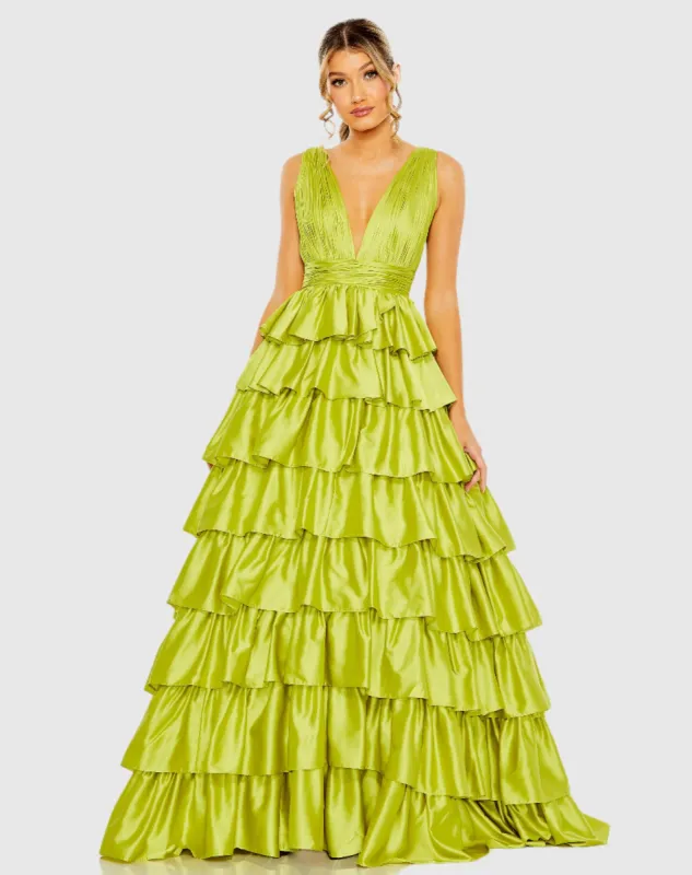 Green Ruffle Tiered Pleated Sleeveless V Neck Gown sold by Mac Duggal