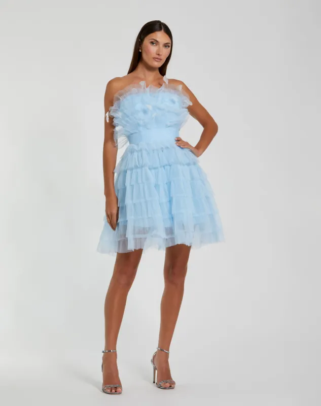 Blue Feathered Strapless Tulle Fit and Flare Dress - FINAL SALE sold by Mac Duggal