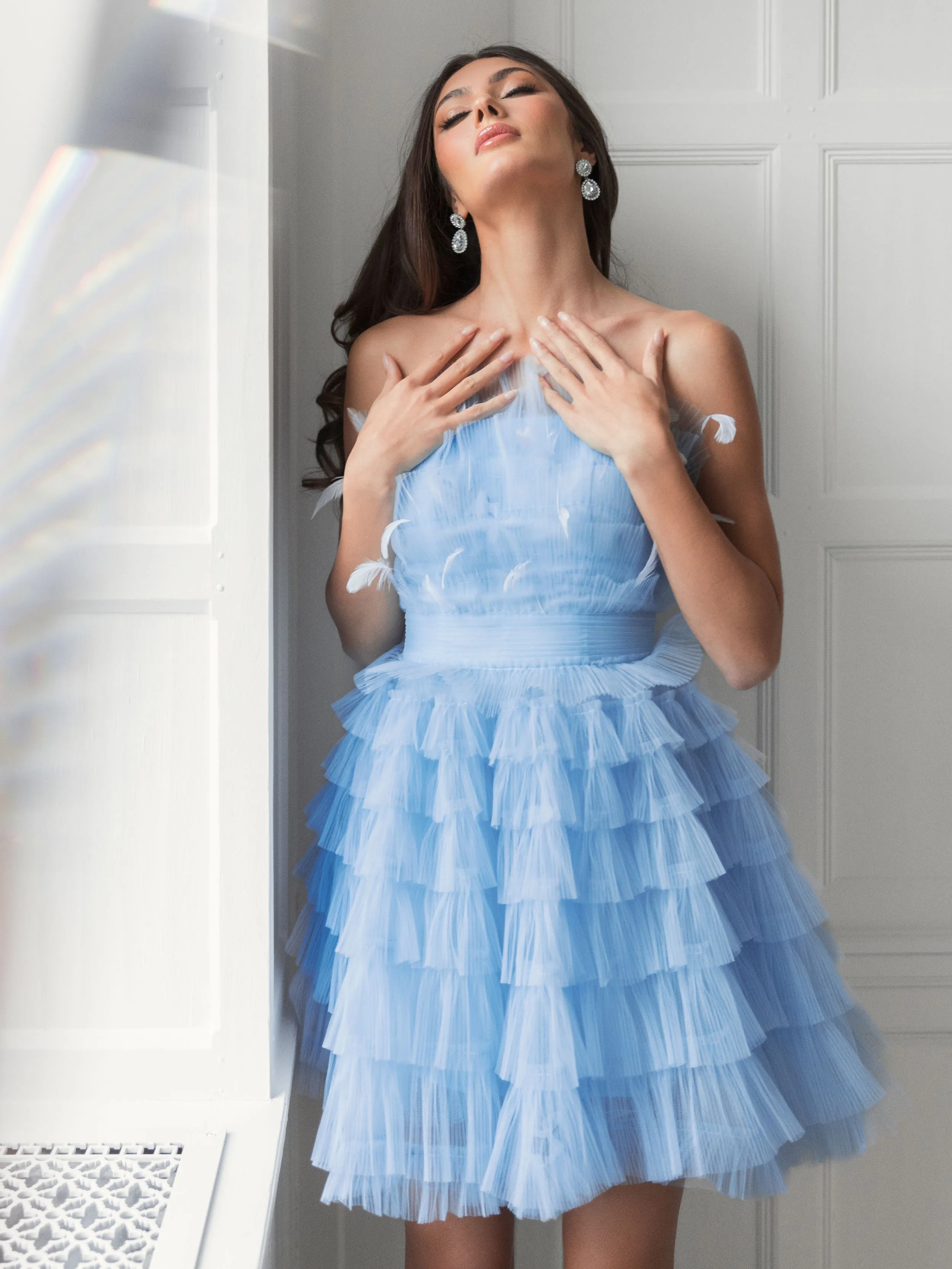 Blue Feathered Strapless Tulle Fit and Flare Dress - FINAL SALE sold by Mac Duggal product image thumbnail 4