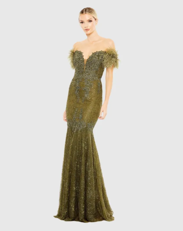 Green Feathered Crystal Embellished Sleeveless Gown sold by Mac Duggal
