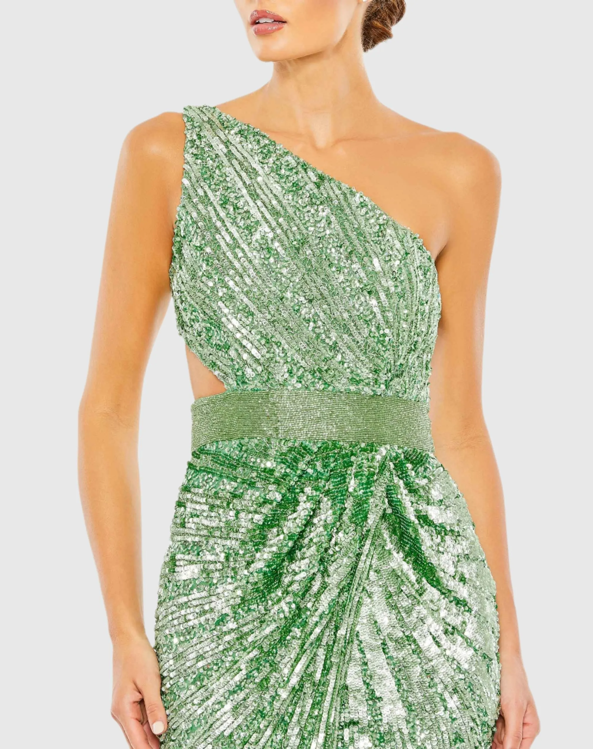 Green Sequined One Shoulder Draped Lace Up Gown sold by Mac Duggal product image thumbnail 2