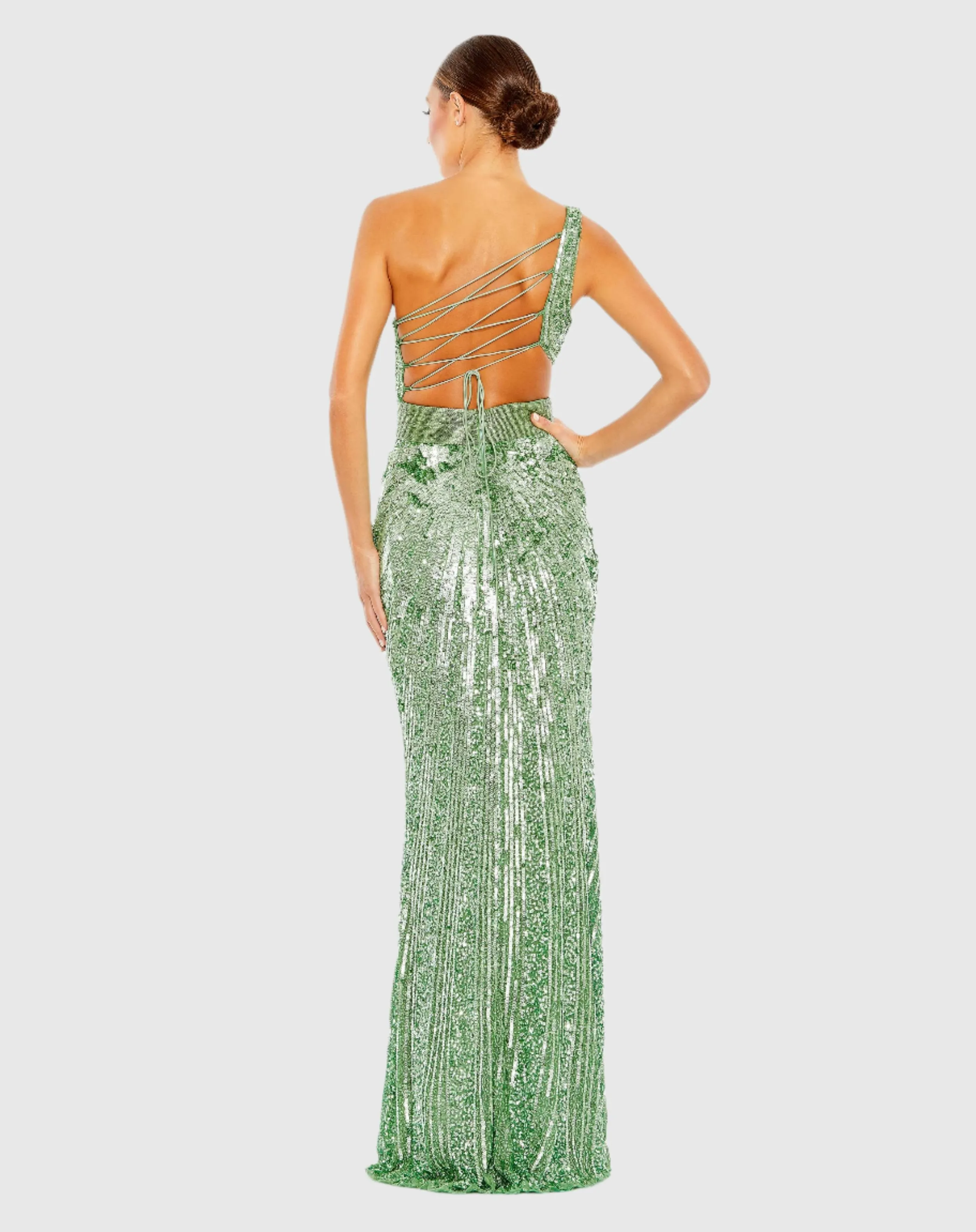 Green Sequined One Shoulder Draped Lace Up Gown sold by Mac Duggal product image thumbnail 3