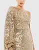 Gold Sequined One Shoulder Bishop Sleeve Trumpet Gown sold by Mac Duggal