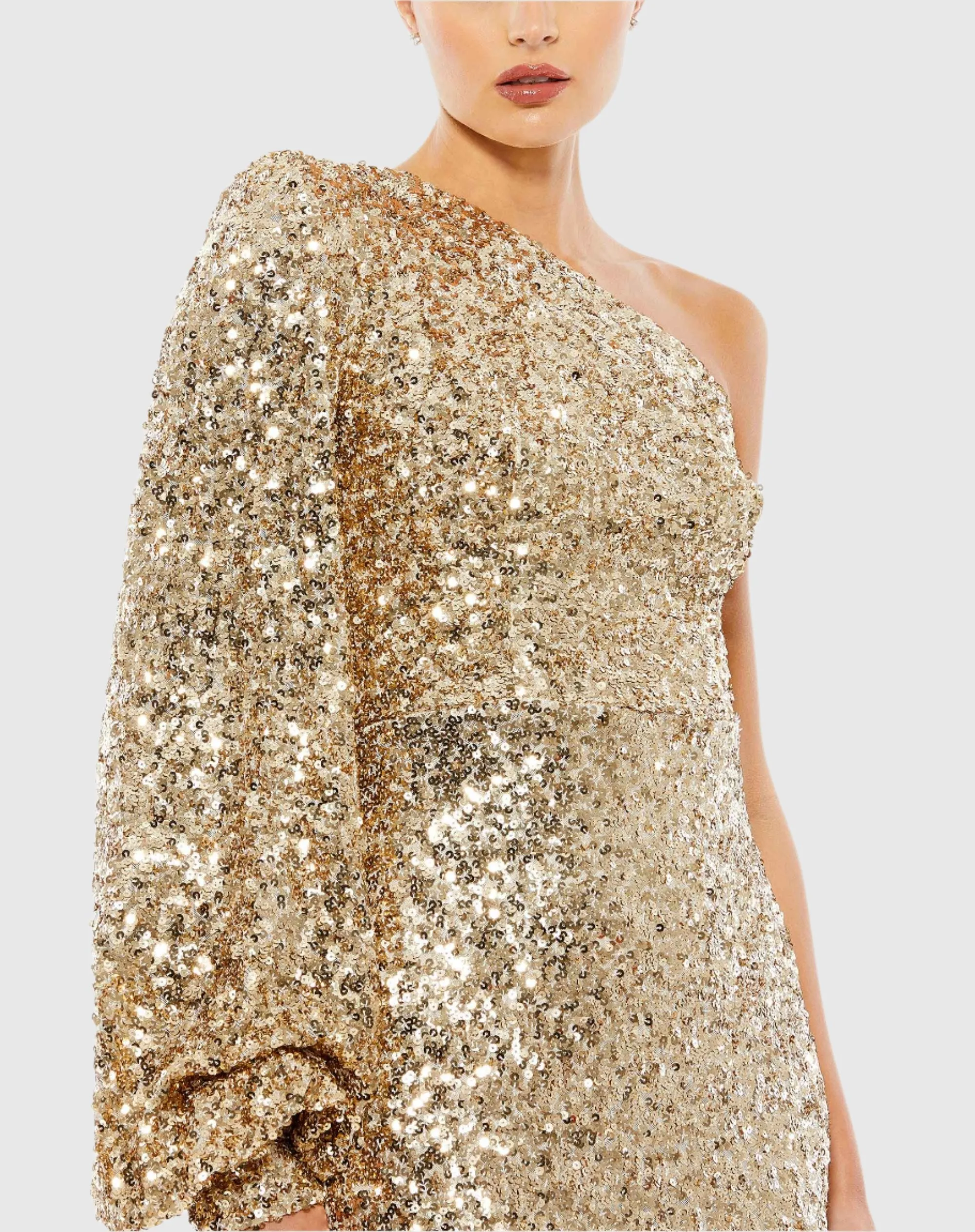 Gold Sequined One Shoulder Bishop Sleeve Trumpet Gown sold by Mac Duggal product image thumbnail 2