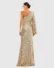 Gold Sequined One Shoulder Bishop Sleeve Trumpet Gown sold by Mac Duggal