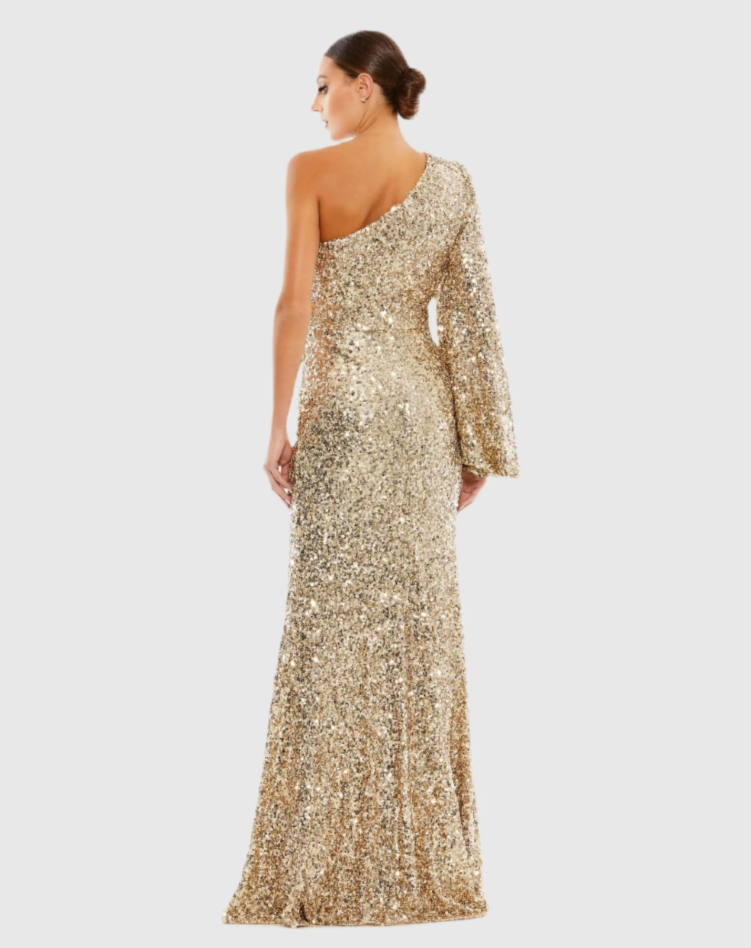 Gold Sequined One Shoulder Bishop Sleeve Trumpet Gown sold by Mac Duggal product image thumbnail 3