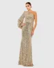Gold Sequined One Shoulder Bishop Sleeve Trumpet Gown sold by Mac Duggal