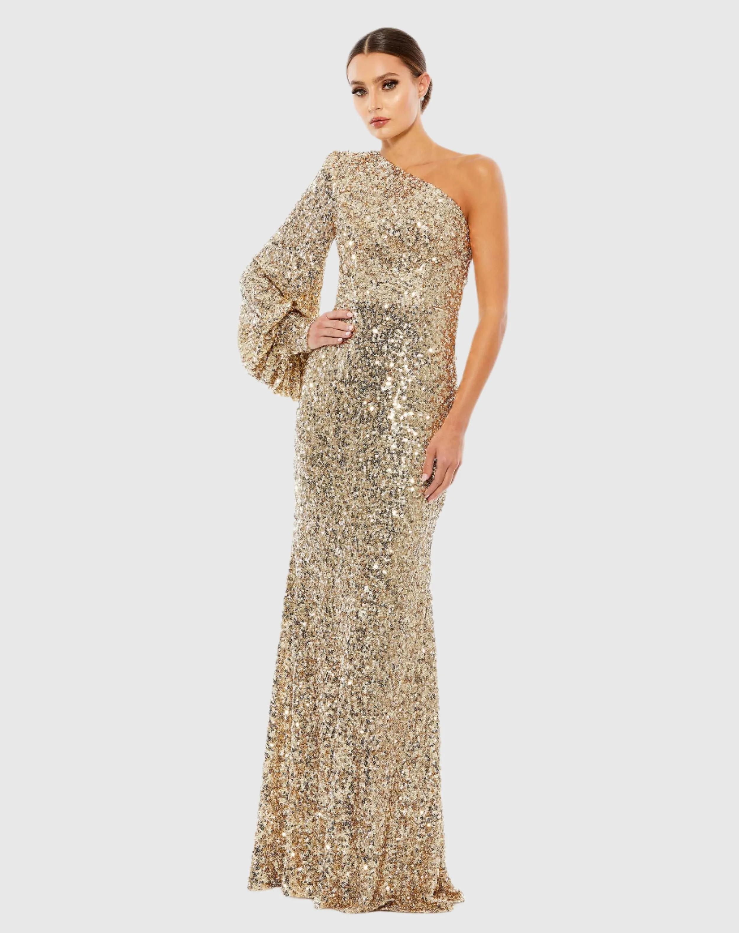 Gold Sequined One Shoulder Bishop Sleeve Trumpet Gown sold by Mac Duggal