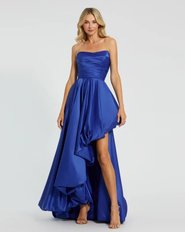 Blue Strapless Ruched High Low Gown sold by Mac Duggal