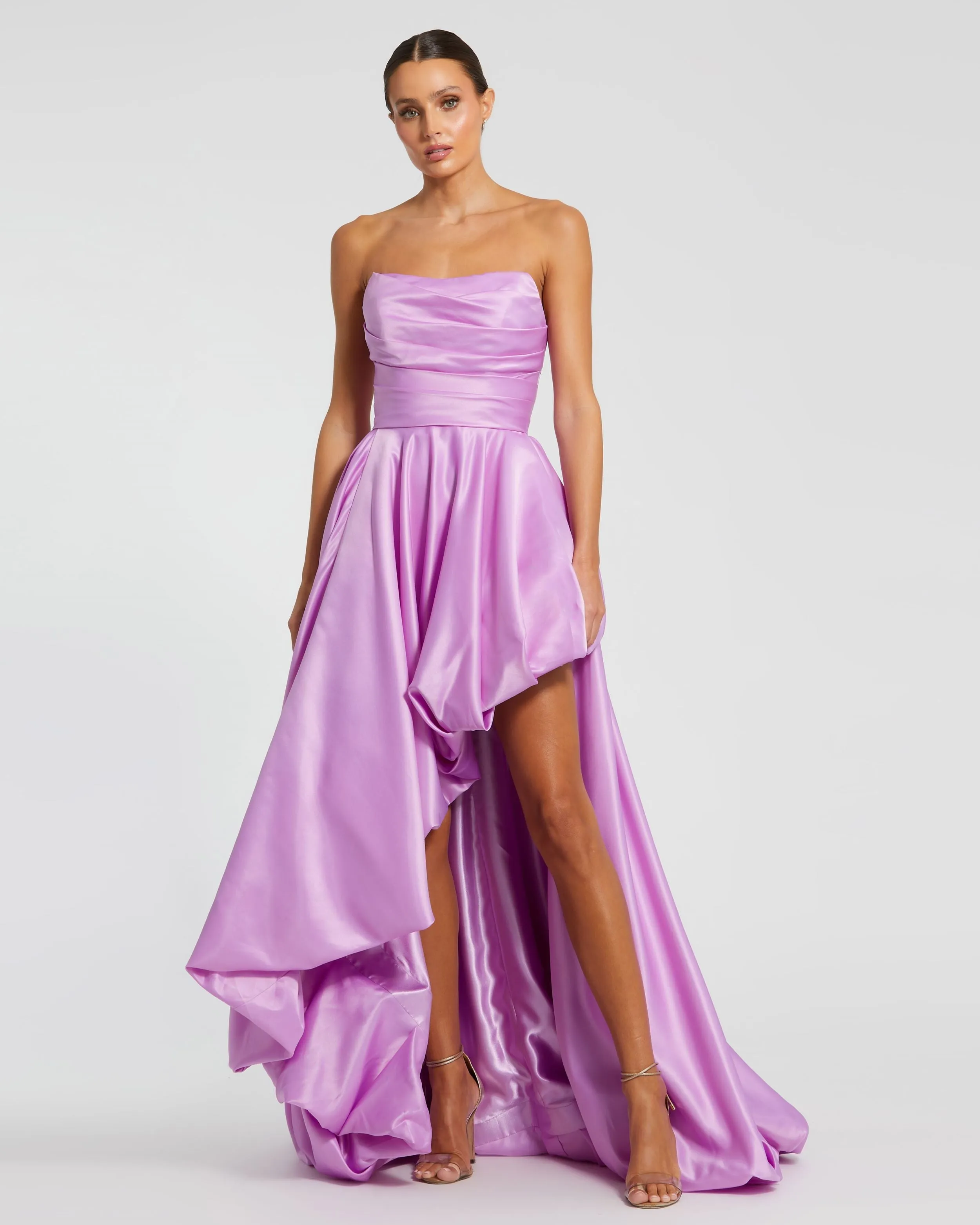 Purple Strapless Ruched High Low Gown sold by Mac Duggal