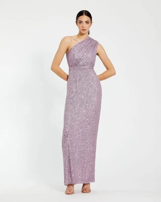 Purple Sequined Ruched One Shoulder Gown sold by Mac Duggal