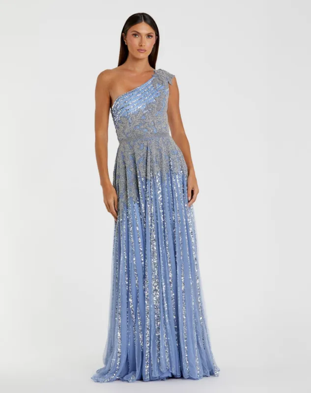 Blue Beaded Embellished One Shoulder A Line Gown sold by Mac Duggal