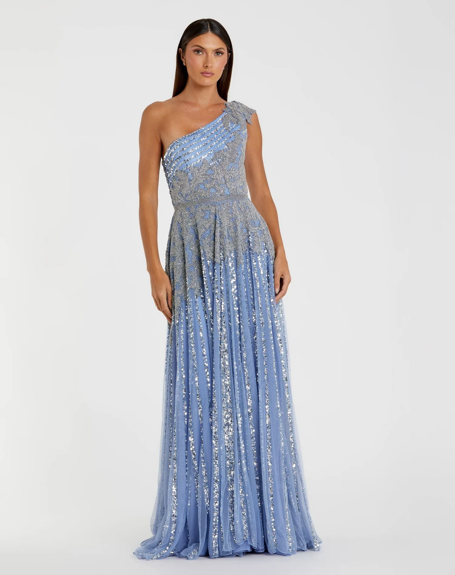 Blue Beaded Embellished One Shoulder A Line Gown sold by Mac Duggal