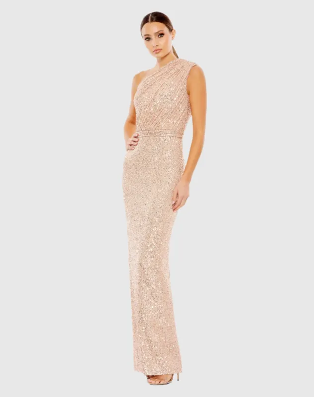 Pink Sequined Ruched One Shoulder Gown sold by Mac Duggal