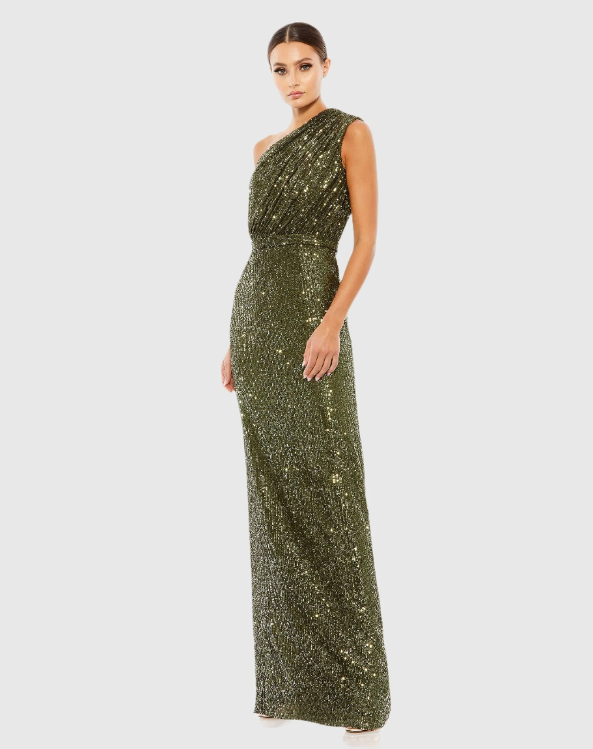 Dark Green Sequined Ruched One Shoulder Gown sold by Mac Duggal