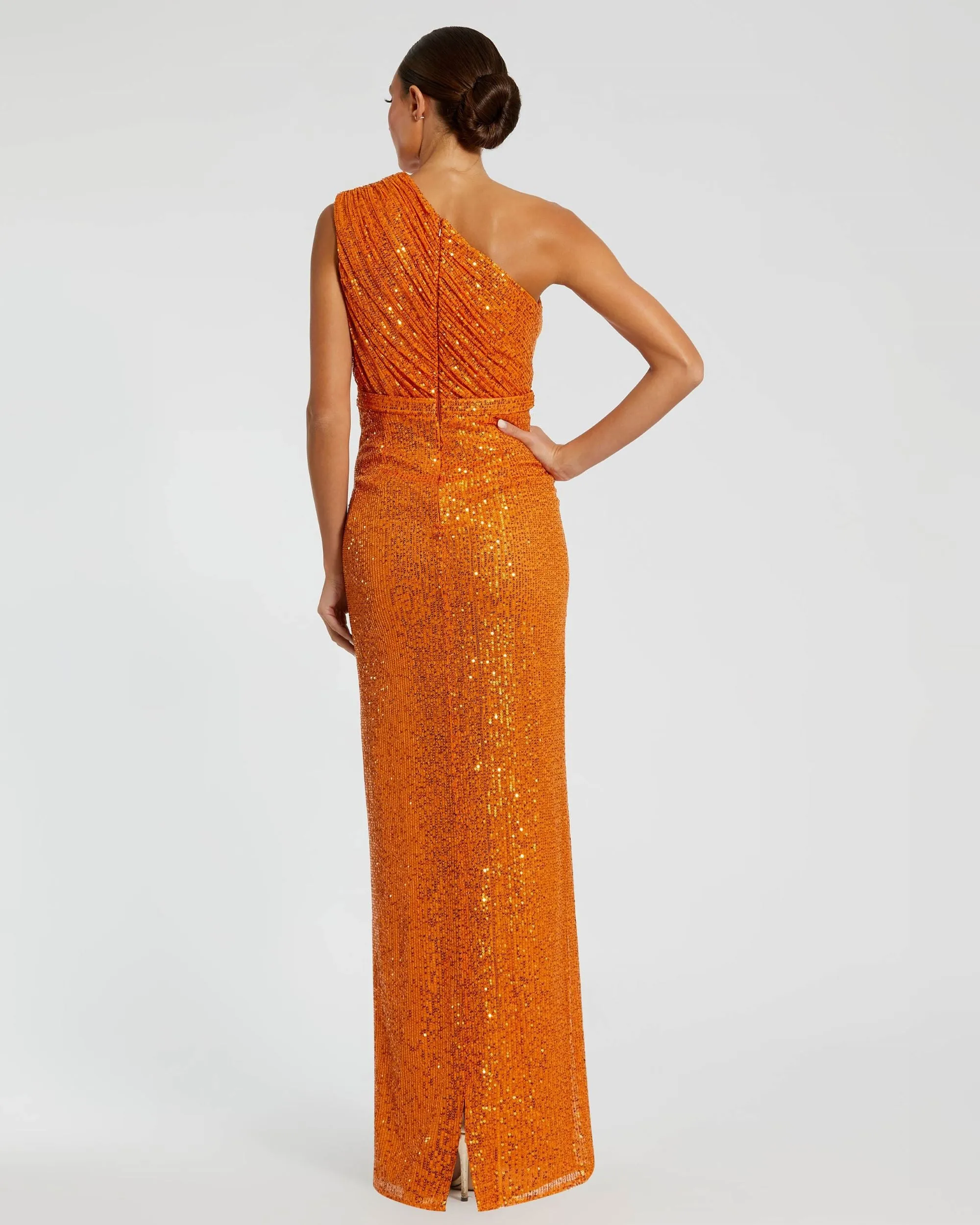 Orange Sequined Ruched One Shoulder Gown sold by Mac Duggal product image thumbnail 3